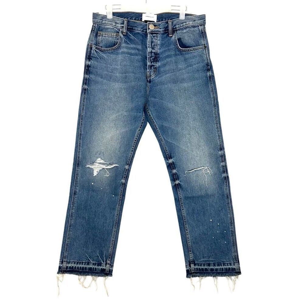 Current/Elliott Distressed Whiskering Raw Hem Straight Leg Jeans Blue Size 31